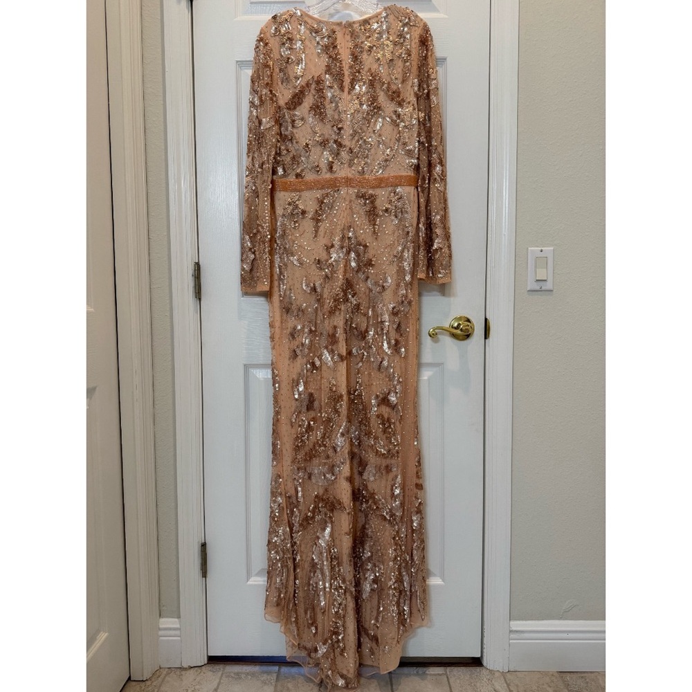 Mac Duggal 5222 Pink Sequined Faux Wrap Split Long Sleeve Gown Size 10 NWOT - Picture 5 of 10